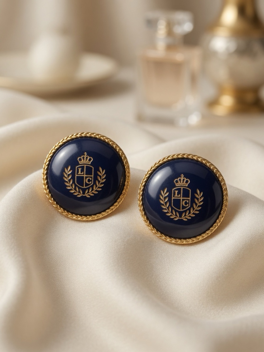 Vintage LCI Navy Blue Crest Earrings Gold Tone Rope Trim Pierced